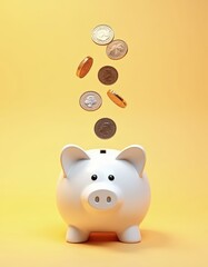 Pig piggy bank with gold coins falling. 3d render realistic vector illustration