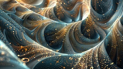 Poster - An intricate, swirling digital landscape with golden particles, creating an abstract and mesmerizing flow of movement.