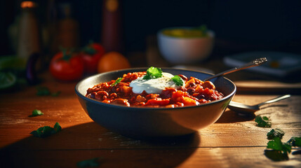 Wall Mural - Traditional Mexican, Korean bean dish with avocado, sour cream sauce and vegetables. AI generated.