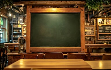 Wooden-framed chalkboard in a cozy cafÃ©, softly lit with warm light to create a welcoming and inviting atmosphere