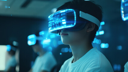 College students wear VR headsets in the AI and intelligent technology innovation classroom