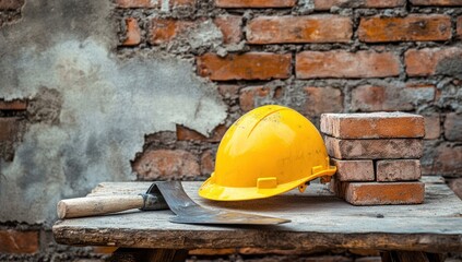 hard hat and trowel on wooden table against brick wall background. yellow helmet of construction worker