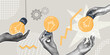 © Наталья Косаревич - Trendy halftone collage Hands holding a light bulb. New ideas and solutions in business.Learning and education concept. Creative mind and brainstorming.