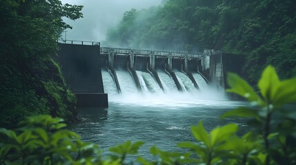 Powerful hydroelectric dam with rushing water generating renewable electricity framed by lush green foliage and scenic countryside landscape