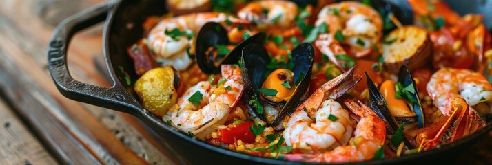 Poster - Seafood paella served in a cast iron skillet