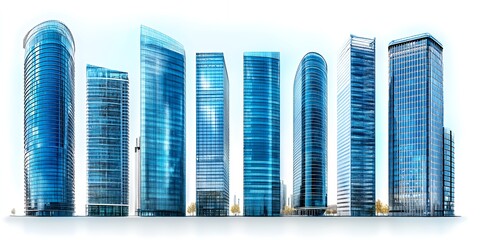 Row of modern skyscrapers against a clear blue sky.