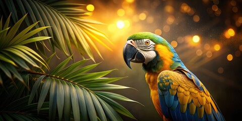 Wall Mural - Golden macaw contrasting against dark background with golden plants, golden macaw, colorful, bright, vibrant