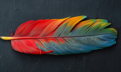 lone Green-winged Macaw feather against a dark backdrop, Generative AI.