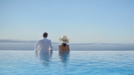 man woman sitting edge swimming pool looking out a elegant coupl