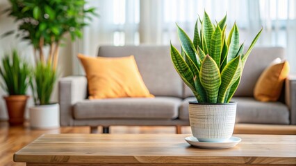 Poster - Decorative sansevieria plant in ceramic pot on wooden table in living room, sansevieria, plant, indoor, decor