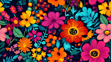 Poster - Vibrant seamless pattern featuring large colorful flowers with bold contrasts on a dark background. Perfect for spring or summer themed designs, adding a lively touch.