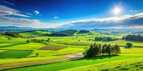 Poster - Beautiful landscape with clear blue sky and lush green fields, nature, scenery, clouds, horizon, panoramic, peaceful