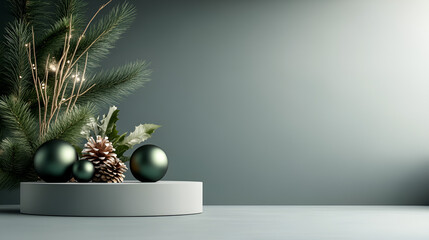 Canvas Print - Elegant Christmas Product Mockup with Green Baubles and Pine Branches