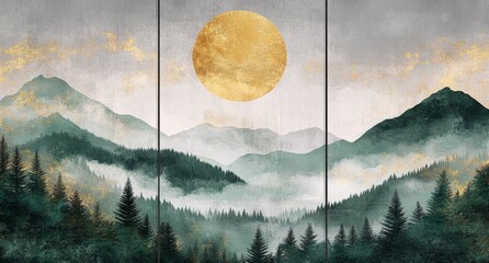 Poster - This is a stunning and captivating set of three abstract geometric wall art panels that brilliantly showcase a serene mountain landscape adorned with a radiant golden sun and enchanting misty forests