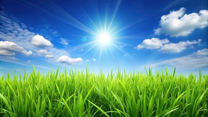 Wall Mural - Green grass basking in the sun under a clear blue sky, grass, green, sun, shining, blue sky, background, nature, outdoors