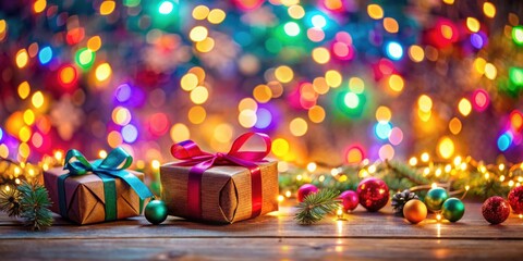 Wall Mural - Christmas background with colorful bokeh lights and presents, Christmas, background, colorful, bokeh lights, presents