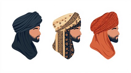 Flat icon of headwear accessories for a desert costume worn by a Muslim family.