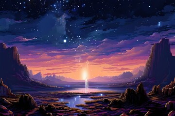 Wall Mural - stellar landscape a pixel art depiction of the launch with macro