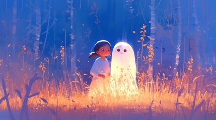 An illustration of a friendly cute Ghost with friend, Night Spring ambiance.