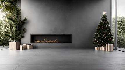 Wall Mural - Modern Christmas Interior With Fireplace and Decorated Tree