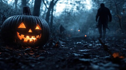 A spooky Halloween scene featuring a glowing pumpkin and a mysterious figure walking through a dark, foggy forest path.