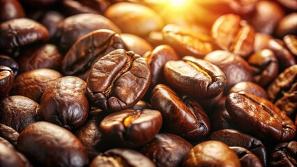 Wall Mural - Close-up of glossy, dark brown coffee beans illuminated by soft sunlight , coffee, beans, roasted, close-up, rich, dark brown