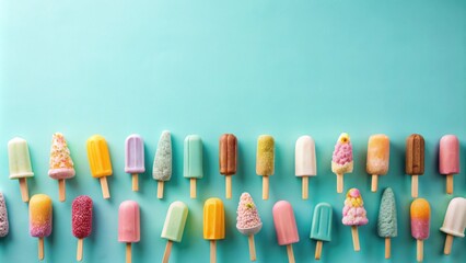 Poster - Creative summer scene with ice creams on sticks on a pastel blue color background, summer, ice cream, colorful, vibrant