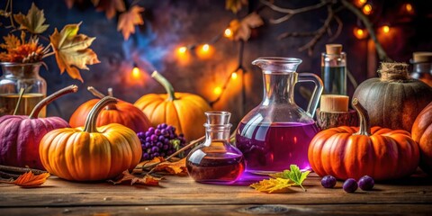 Wall Mural - Halloween themed stock photo featuring a witch's potion surrounded by pumpkins, with purple and orange colors, Halloween, witch