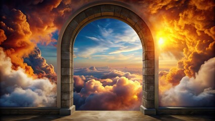 Sticker - Fiery arched doorway leading to a magical cloud view , fantasy, enchanting, minimalist,mystical, portal, entrance, celestial