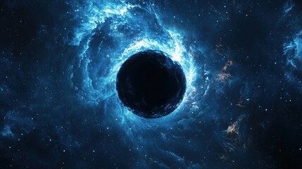 Wall Mural - A mesmerizing view of a cosmic black hole surrounded by glowing blue nebula, representing the mysteries of the universe.