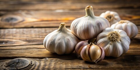 Poster - Garlic bulbs on a weathered wooden table , rustic, wood, natural, fresh, organic, ingredients, cooking, seasoning, food