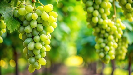 Wall Mural - Closeup of ripe green grapes hanging from a vine, grapes, vine, green, fresh, organic, agriculture, harvest, summer, fruit, vineyard