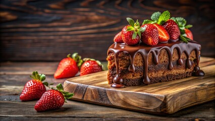 Poster - A decadent chocolate cake slice with strawberries and drizzled chocolate on a rustic wooden cutting board , dessert