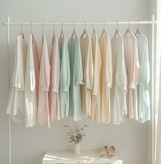 A minimalist aesthetic photo shows hanging on hangers in neutral colors with a pastel color palette