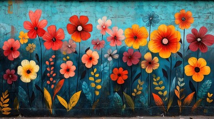 Vibrant Floral Mural on a Blue Wall