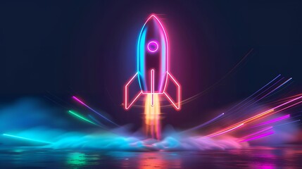 Wall Mural - 3d illustration rocket space colorful holographic in dark background for business start up and scien