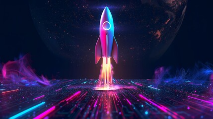 Wall Mural - 3d illustration rocket space colorful holographic in dark background for Business start up and science concept