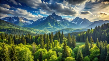 Poster - Lush green forest reaching towards majestic mountains under a bright summer sky, green, forest, mountains, summer, sky, nature