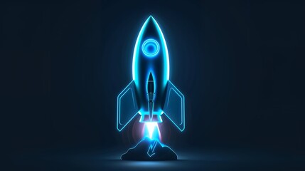 Wall Mural - Digital rockets launch into outer space. Boosting and taking off career concepts. Abstract spaceship in blue on a technological background. blue neon rocket illustration with 3D effect.