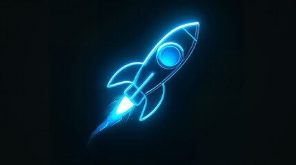 Wall Mural - Digital rockets launch into outer space. Boosting and taking off career concepts. Abstract spaceship in blue on a technological background. blue neon rocket illustration with 3D effect.