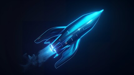 Wall Mural - Digital rockets launch into outer space. Boosting and taking off career concepts. Abstract spaceship in blue on a technological background. blue neon rocket illustration with 3D effect.