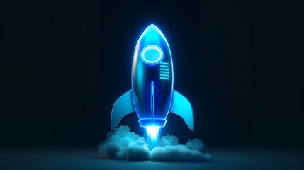 Wall Mural - Digital rockets launch into outer space. Boosting and taking off career concepts. Abstract spaceship in blue on a technological background. blue neon rocket illustration with 3D effect.
