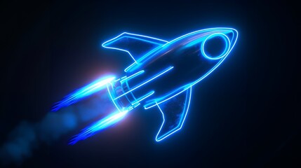 Wall Mural - Digital rockets launch into outer space. Boosting and taking off career concepts. Abstract spaceship in blue on a technological background. blue neon rocket illustration with 3D effect.