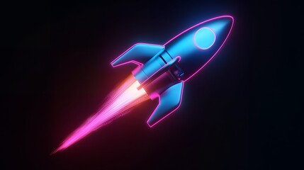 Wall Mural - Digital rockets launch into outer space. Boosting and taking off career concepts. Abstract spaceship in blue on a technological background. blue neon rocket illustration with 3D effect.