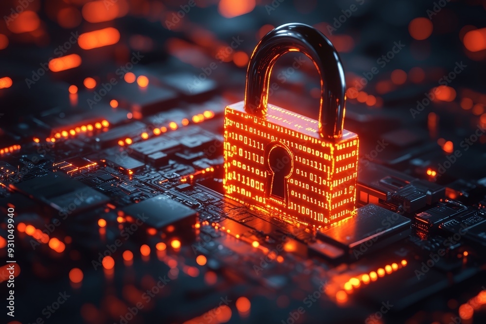 A glowing padlock surrounded by binary code symbol 1026 lock, padlock ...