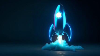 Wall Mural - Digital rockets launch into outer space. Boosting and taking off career concepts. Abstract spaceship in blue on a technological background. blue neon rocket illustration with 3D effect.