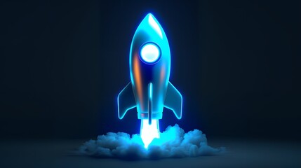 Wall Mural - Digital rockets launch into outer space. Boosting and taking off career concepts. Abstract spaceship in blue on a technological background. blue neon rocket illustration with 3D effect.