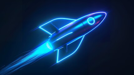 Wall Mural - Digital rockets launch into outer space. Boosting and taking off career concepts. Abstract spaceship in blue on a technological background. blue neon rocket illustration with 3D effect.