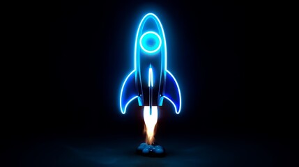 Wall Mural - Digital rockets launch into outer space. Boosting and taking off career concepts. Abstract spaceship in blue on a technological background. blue neon rocket illustration with 3D effect.