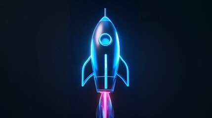 Wall Mural - Digital rockets launch into outer space. Boosting and taking off career concepts. Abstract spaceship in blue on a technological background. blue neon rocket illustration with 3D effect.